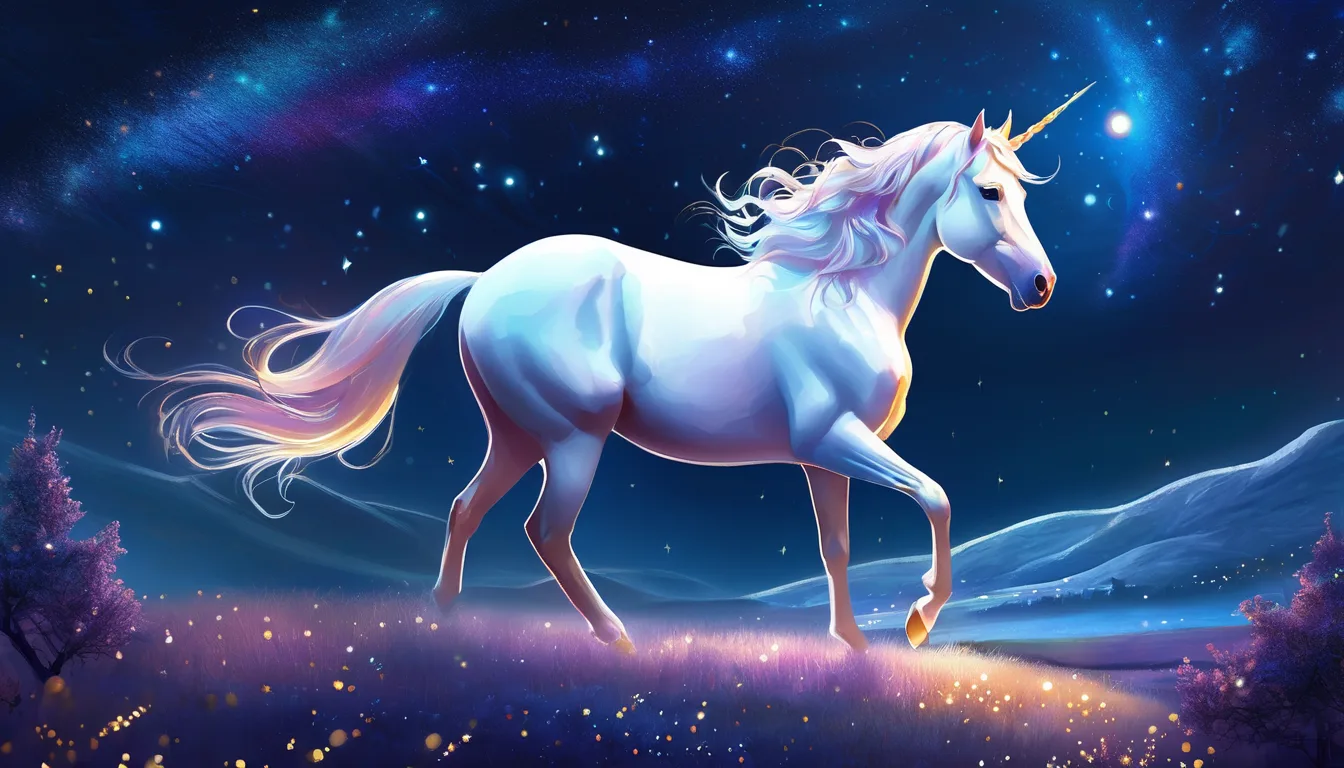 A unicorn with a glowing mane shelters small animals in a starry, moonlit valley.