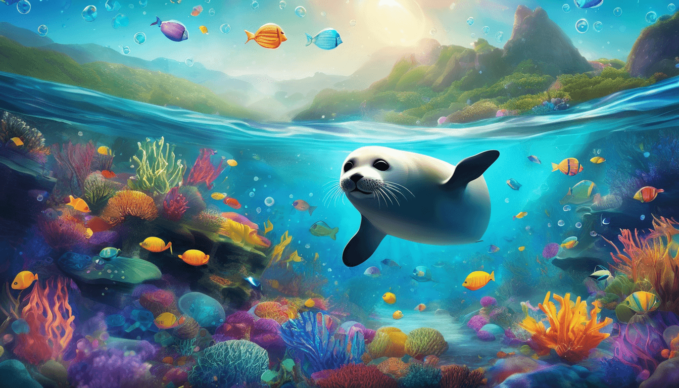 A playful seal swims through a vibrant underwater scene filled with colorful corals and tropical fish.