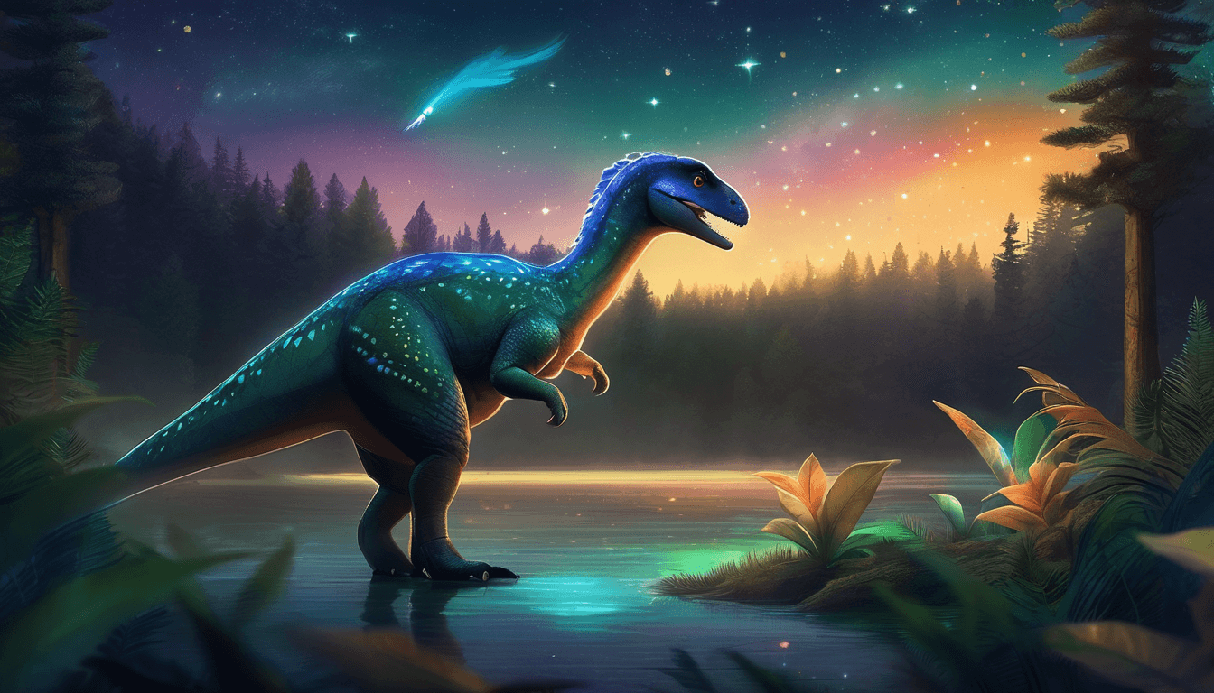 A vibrant dinosaur stands at the edge of a misty lake, surrounded by lush vegetation and a colorful sunset sky filled with stars.