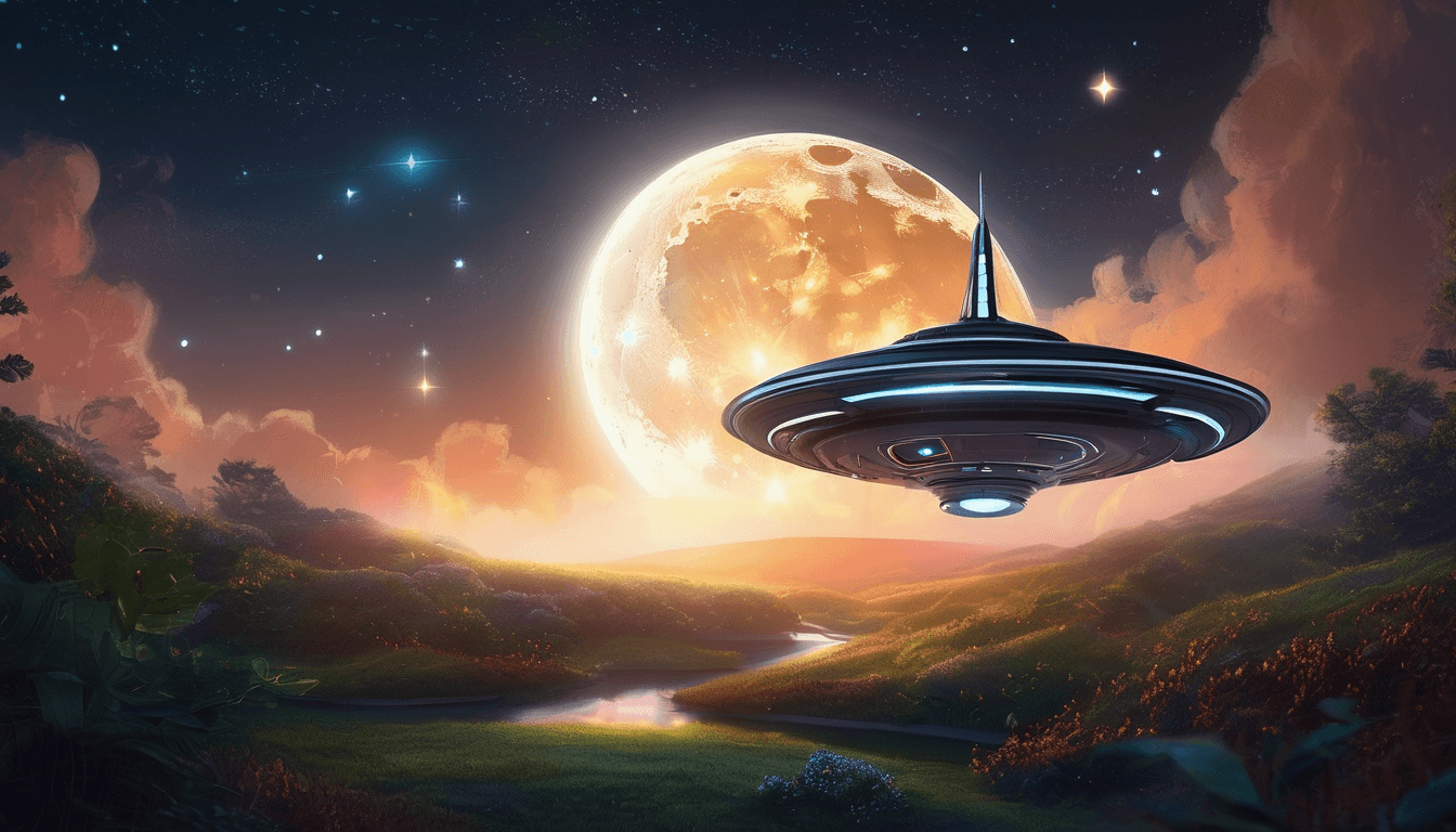 A sleek, futuristic spaceship hovering over a serene landscape with a large, luminous moon and colorful clouds in the night sky.