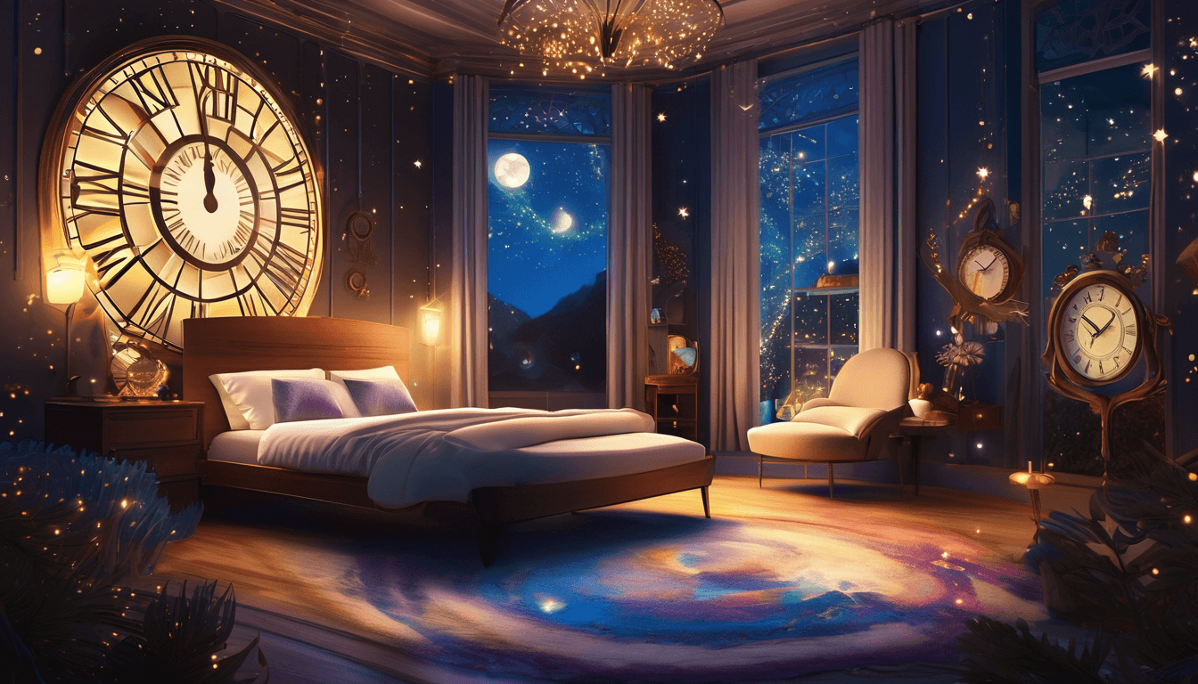 A figure in a starry bedroom watches magical creatures play with floating clocks and hourglasses.