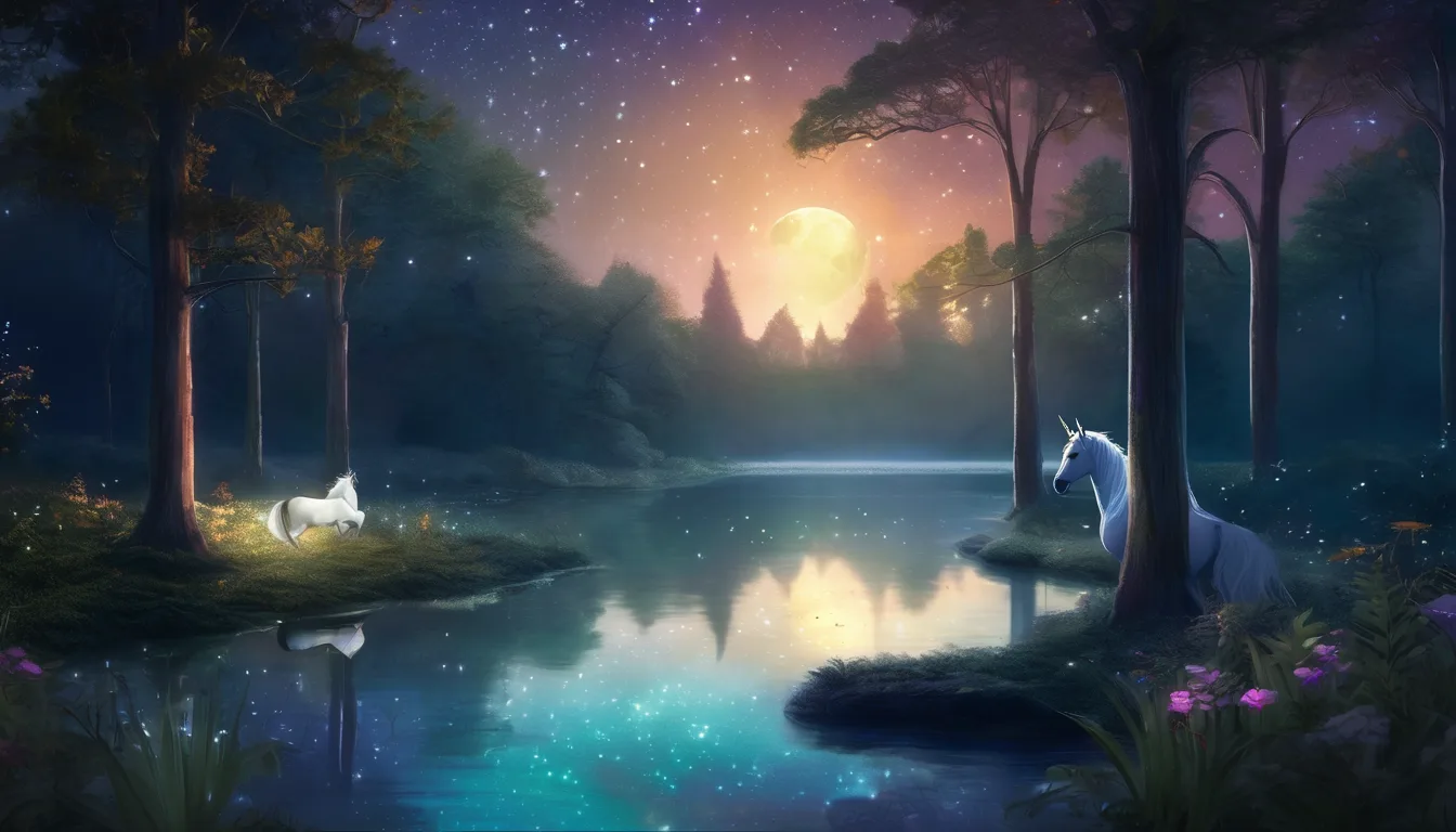 A unicorn by a moonlit forest pool with glowing fairies and woodland animals.