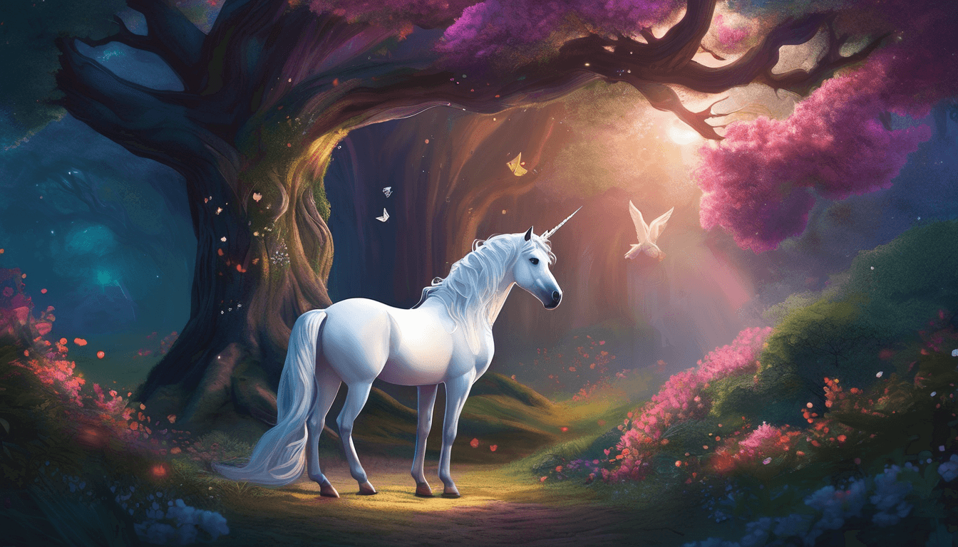 A glowing unicorn under an oak tree in a moonlit forest, with woodland animals and swirling breezes.