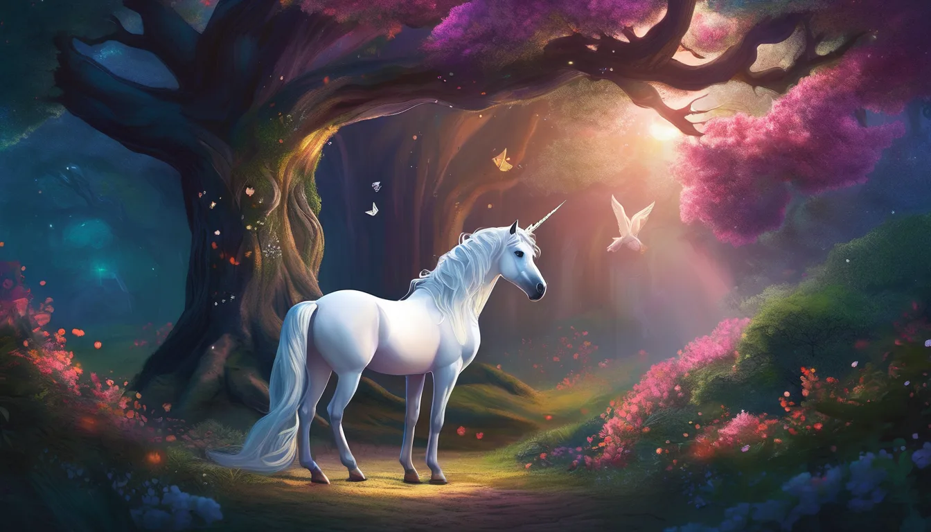 A glowing unicorn under an oak tree in a moonlit forest, with woodland animals and swirling breezes.