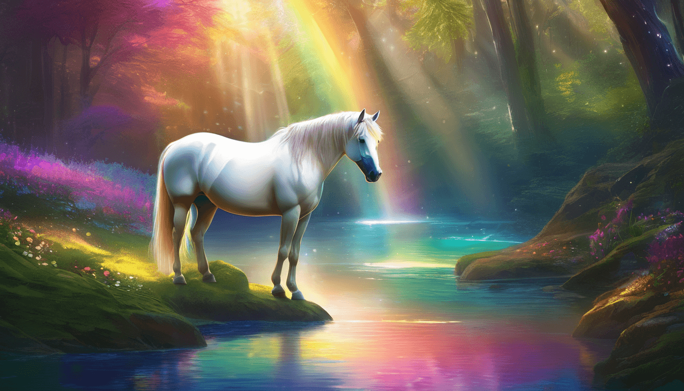 A unicorn beside a small rainbow near a sparkling forest stream.