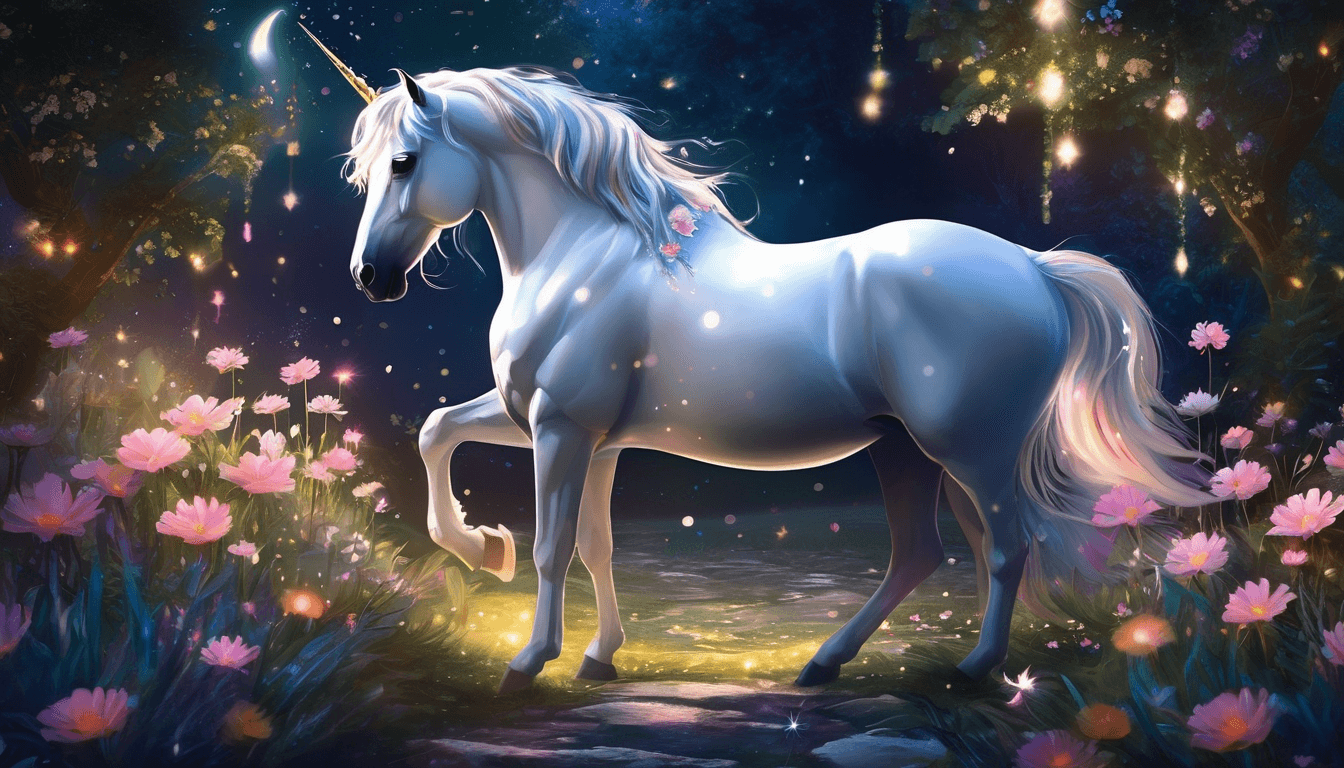A unicorn in a moonlit garden with glowing flowers and nocturnal animals.