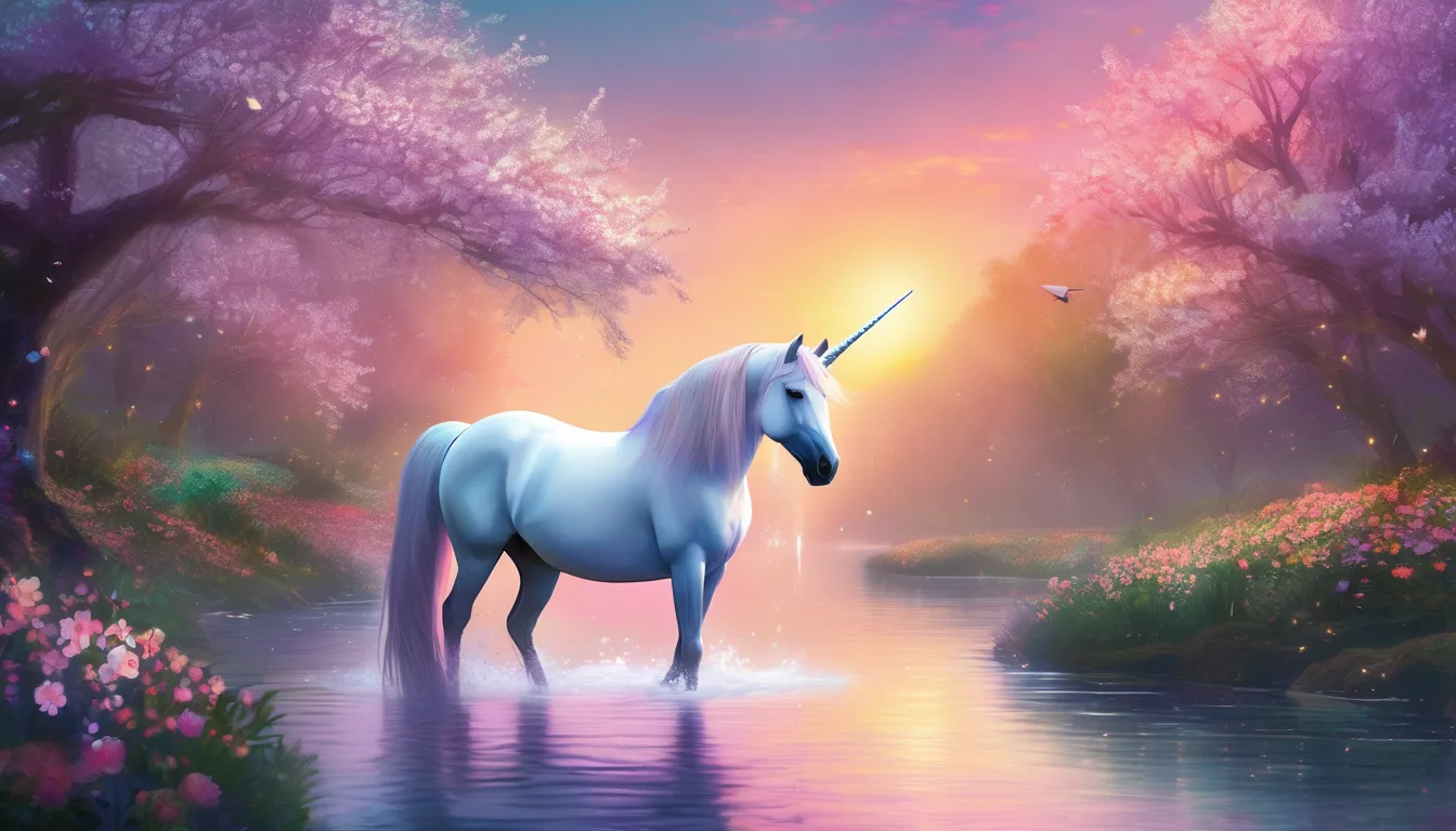 A unicorn by a glowing river with flowers, trees, and magical creatures at twilight.