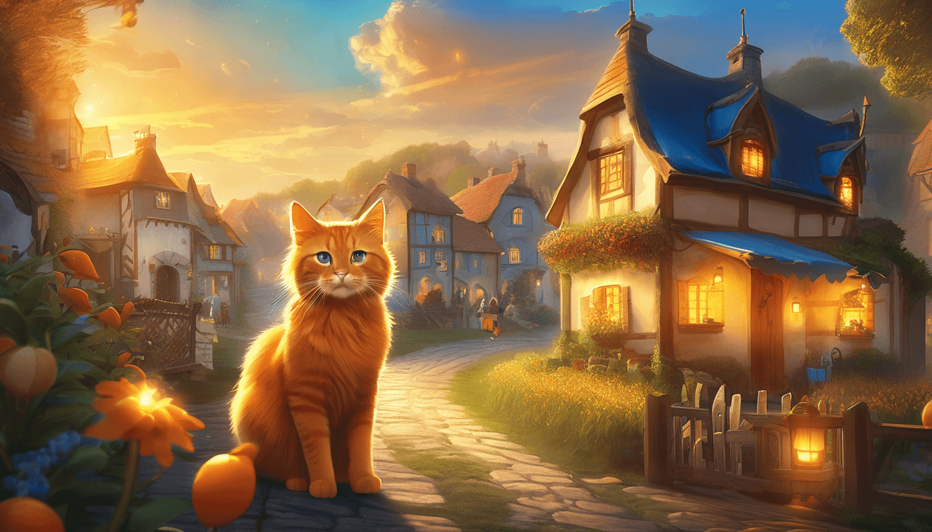 Orange cat with blue collar walking in a cheerful village under a glowing golden spark.