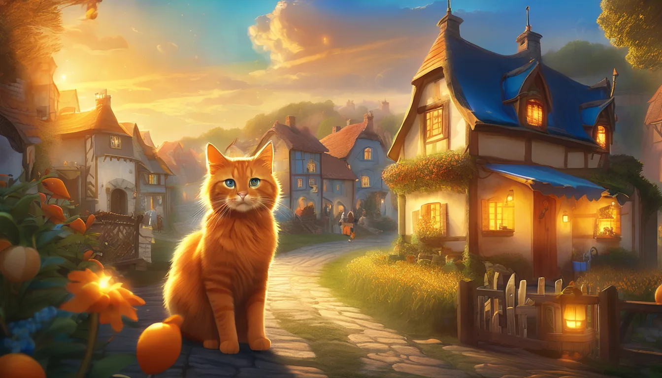 Orange cat with blue collar walking in a cheerful village under a glowing golden spark.