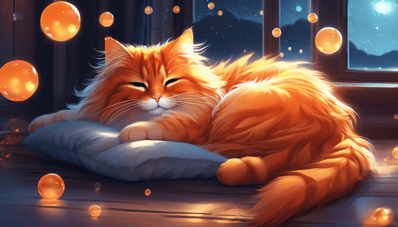 Fluffy orange cat sleeping on a bed, surrounded by glowing dream bubbles.