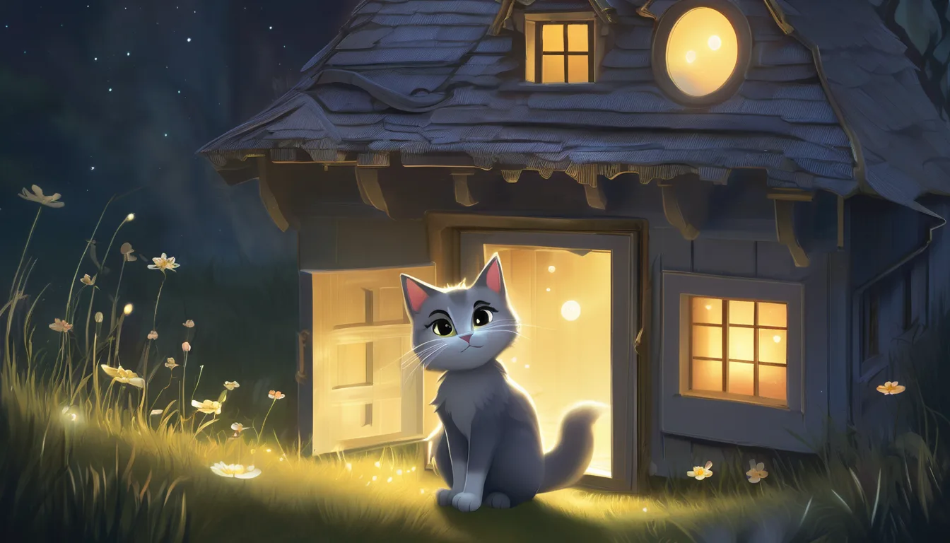 A cute gray kitten sits outside a whimsical wooden cottage, illuminated by warm light from the windows, surrounded by glowing flowers in a nighttime setting.