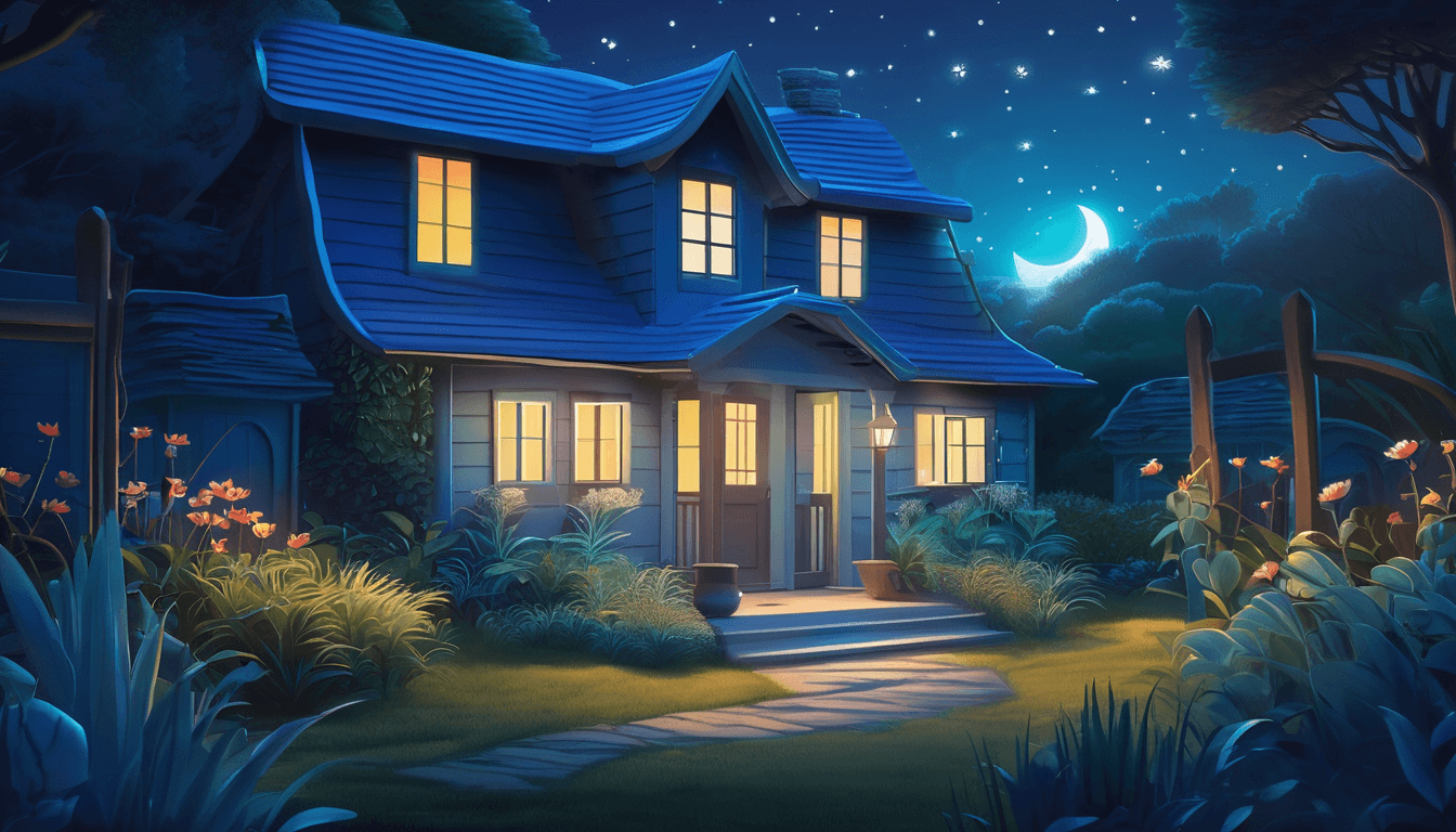A cozy house illuminated by warm lights under a starry night sky, with a crescent moon and surrounded by lush greenery.