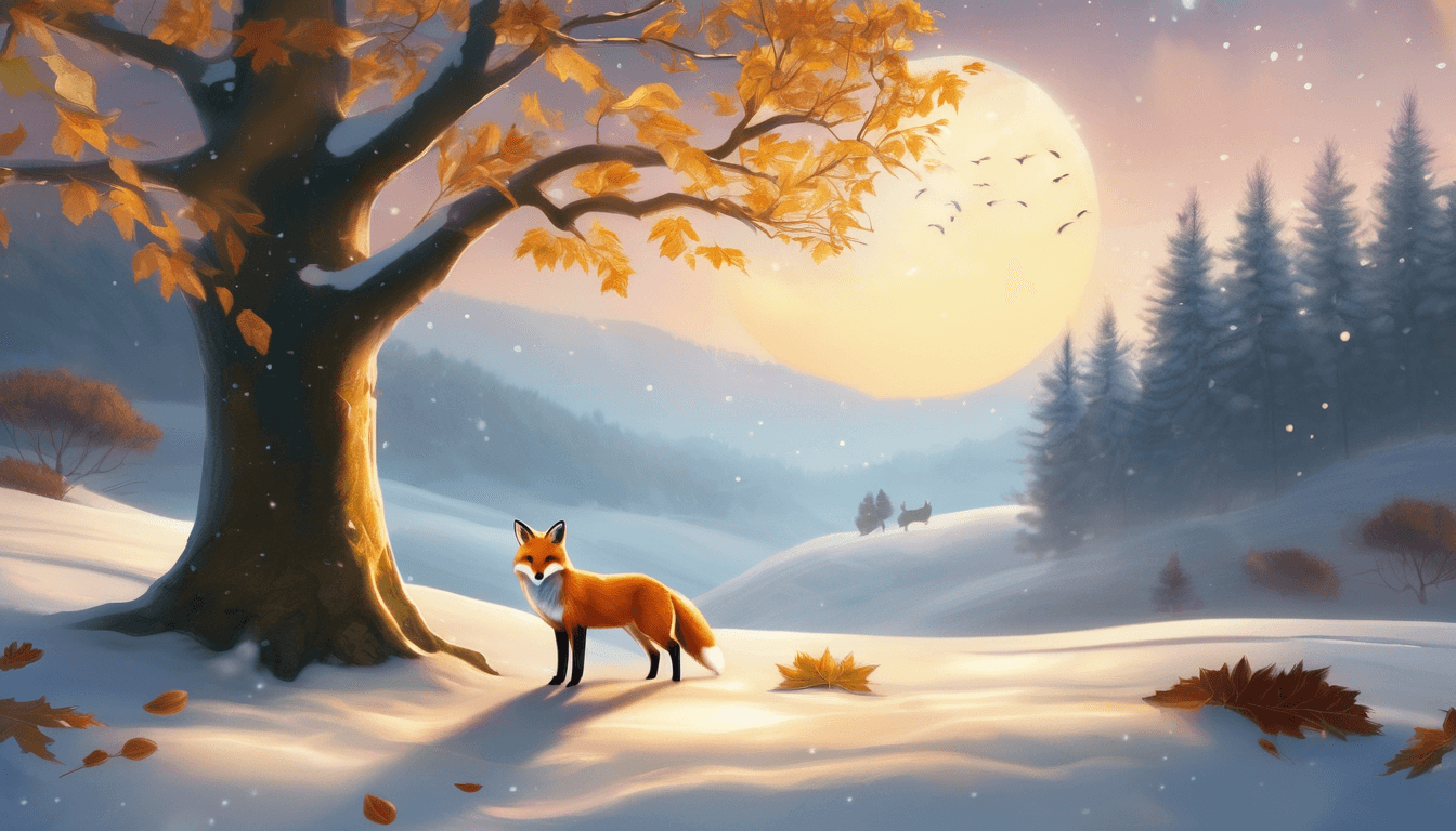 A fox stands in a snowy landscape near a tree with autumn leaves, illuminated by a large, glowing moon in the background surrounded by distant mountains and a forest.