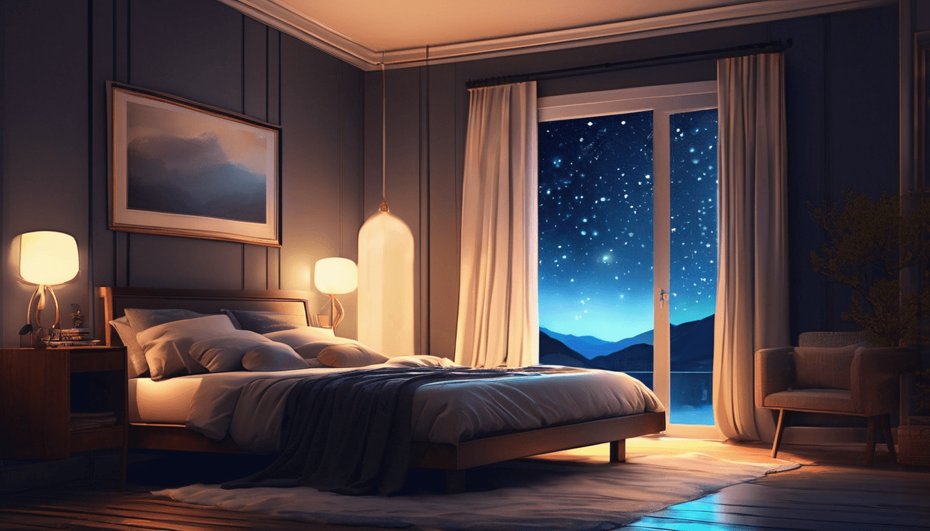 A person in a moonlit bedroom gazing at a starry night sky with magical light wisps.