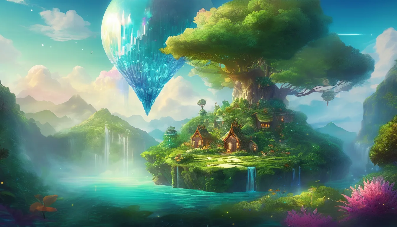 A floating island with greenery, crystals, forest animals, and a glowing magical light.