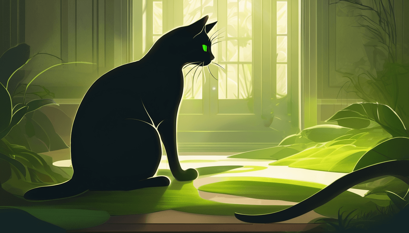 A black cat with glowing green eyes sits in a lush, sunlit garden, framed by vibrant greenery and a hint of a doorway in the background.