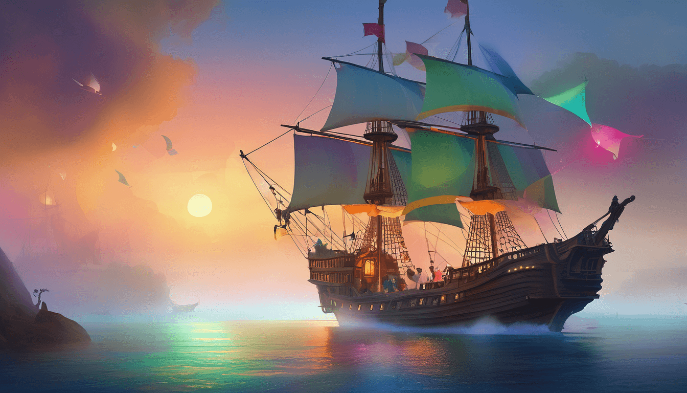 A vibrant ship with billowing sails sailing through a colorful sunset over calm waters.