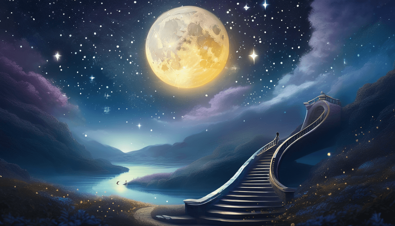 A magical landscape featuring a winding staircase ascending toward a large, glowing full moon, surrounded by a starry sky and tranquil waters below.