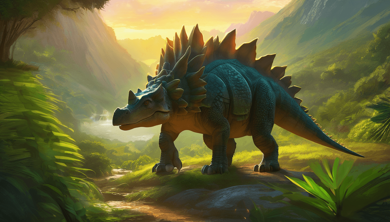 A stegosaurus in a sunlit prehistoric valley with gentle dinosaurs and lush greenery.