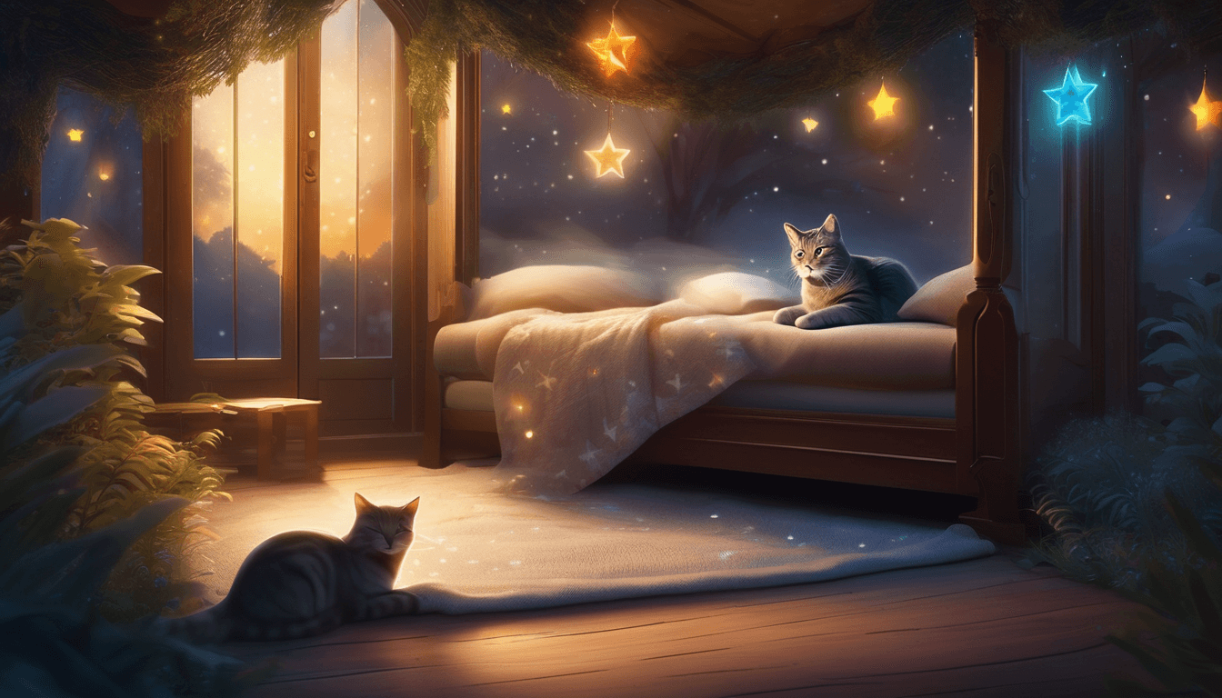 A grey tabby cat and sleeping woodland animals in a cozy, moonlit room with a glowing magical doorway.