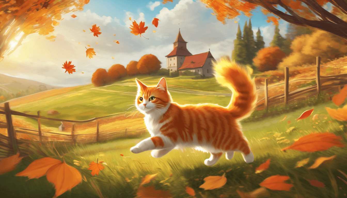 Orange cat chasing autumn leaves in a sunlit meadow.
