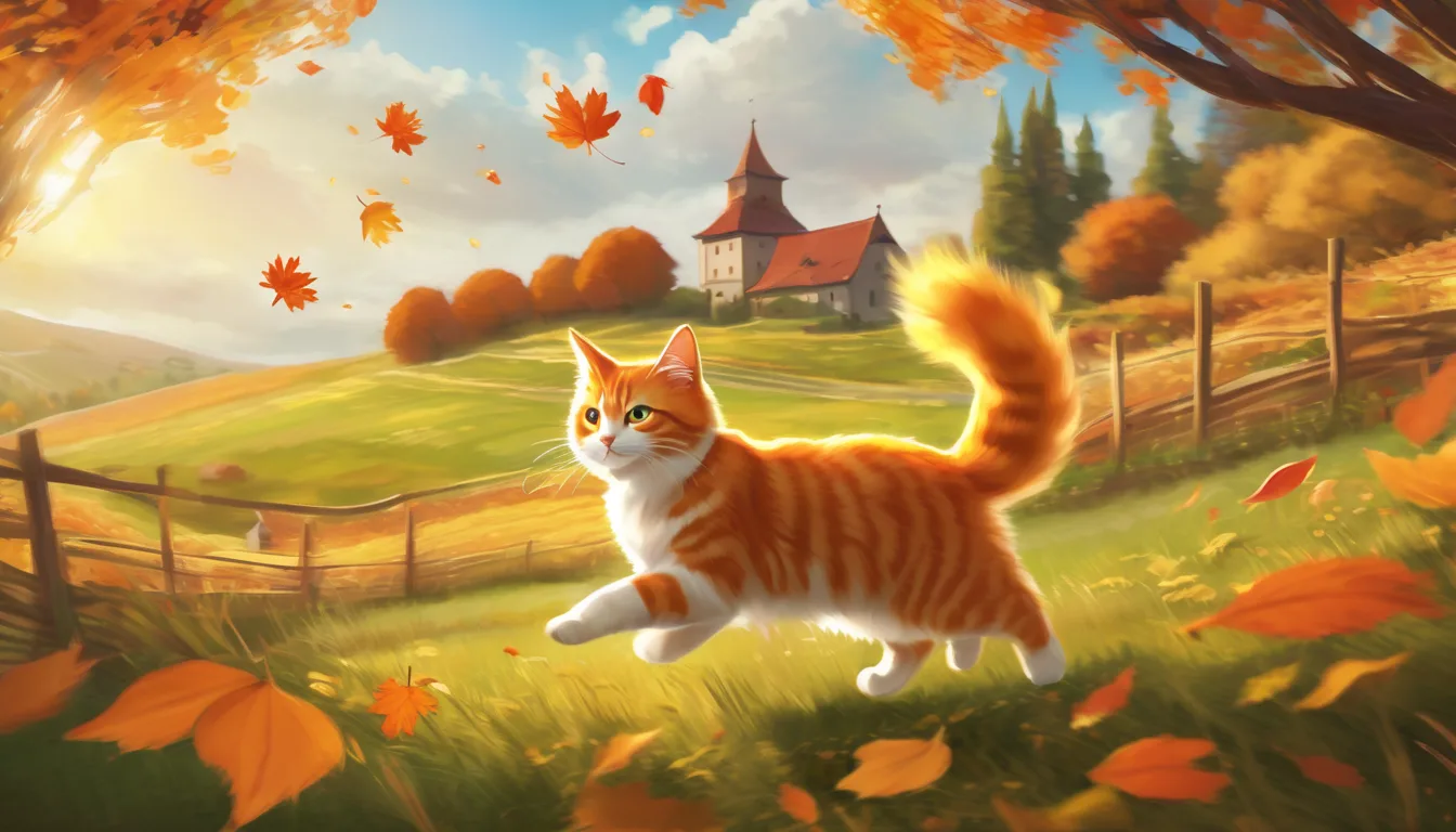 Orange cat chasing autumn leaves in a sunlit meadow.