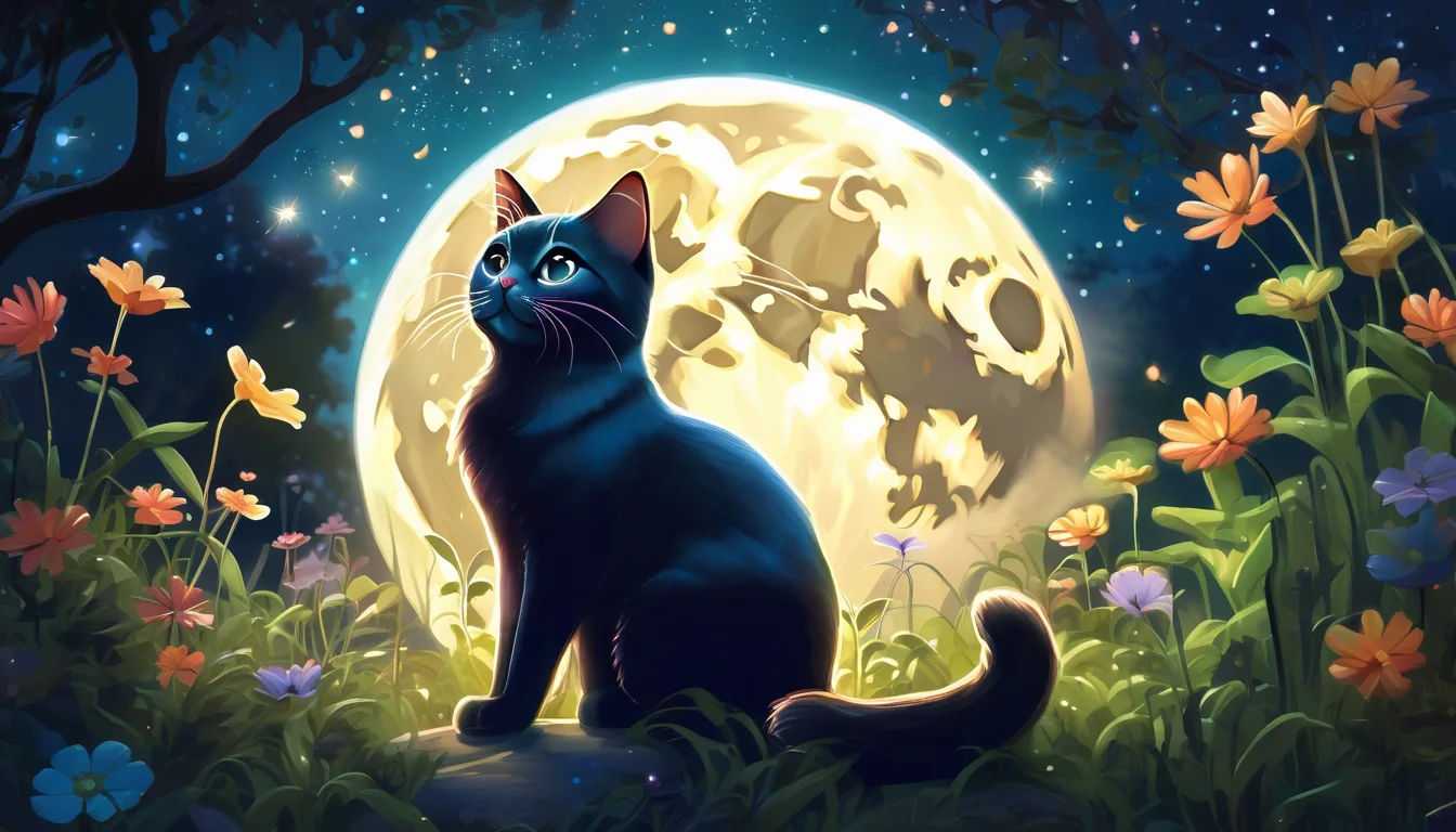 Curious cat gazing at a glowing smiling moon in a magical nighttime garden.