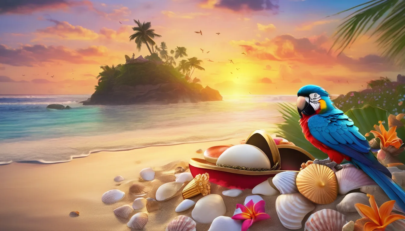 Pirate hat on seashells by sunrise shore, parrot nearby, footprints leading to a treasure chest with flowers, books, and stars.