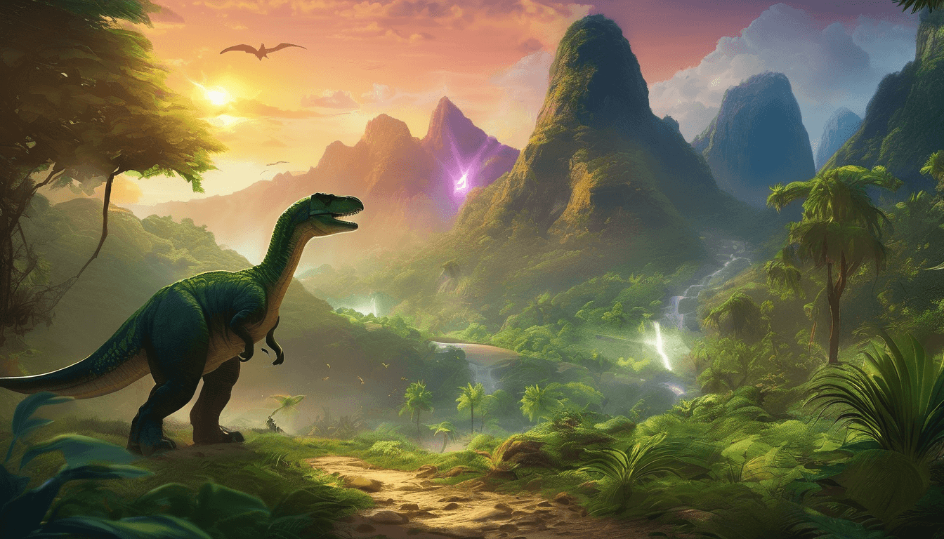 Dinosaurs gather in a lush valley, admiring glowing footprints on the ground.
