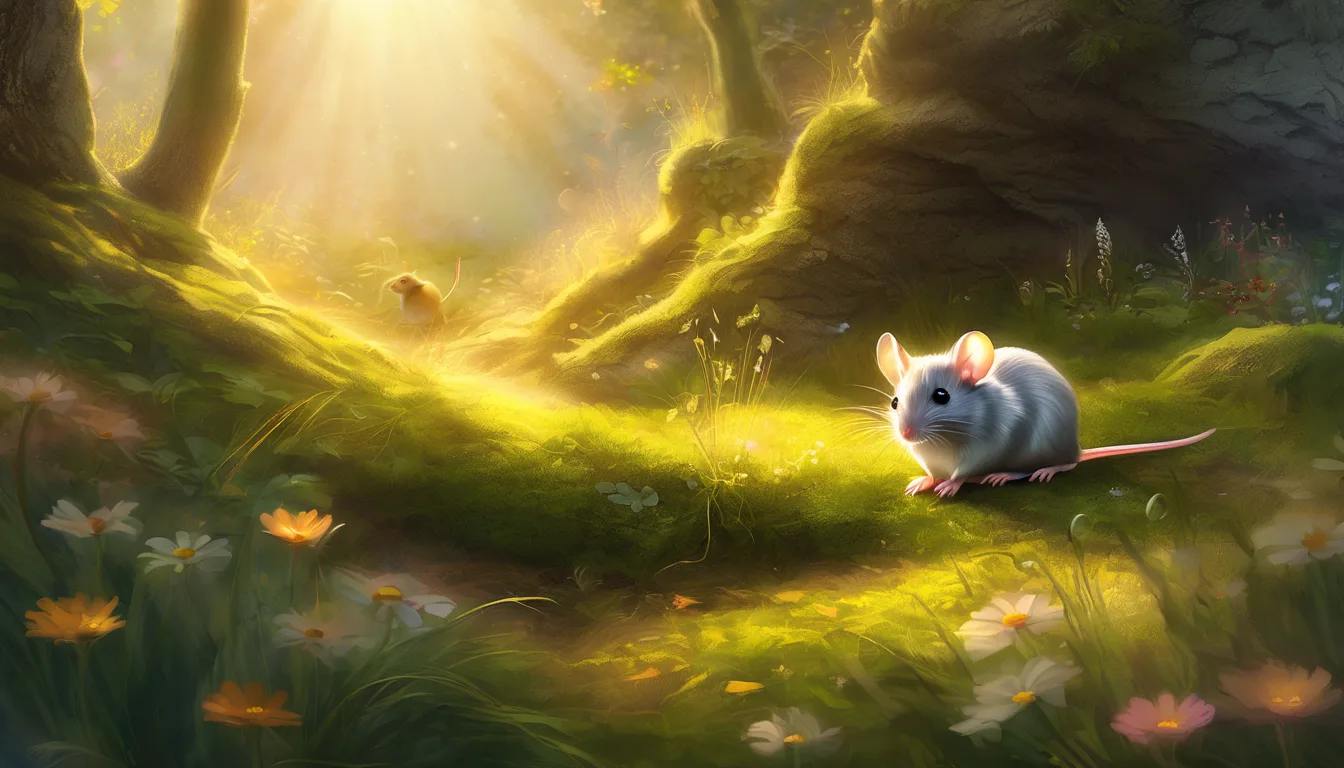A tiny mouse and friends gather around a glowing sunbeam on moss in a magical meadow.