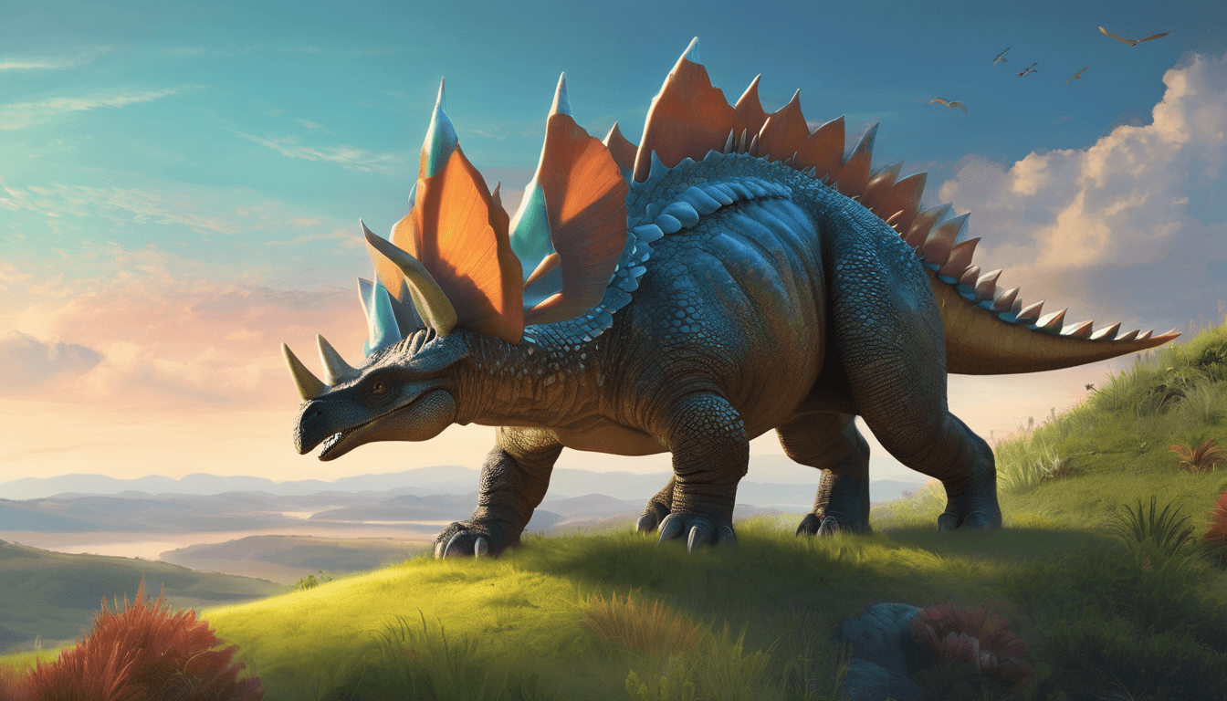 Stegosaurus softly roaring on a grassy hill with birds, peaceful valley and dinosaurs in background.