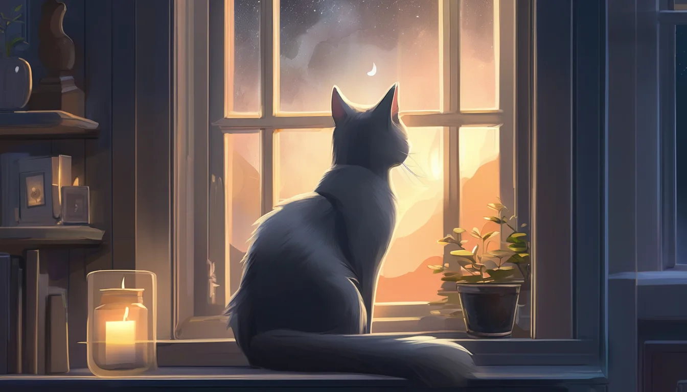 Gray cat on a windowsill at night, gazing at a glowing shape outside.