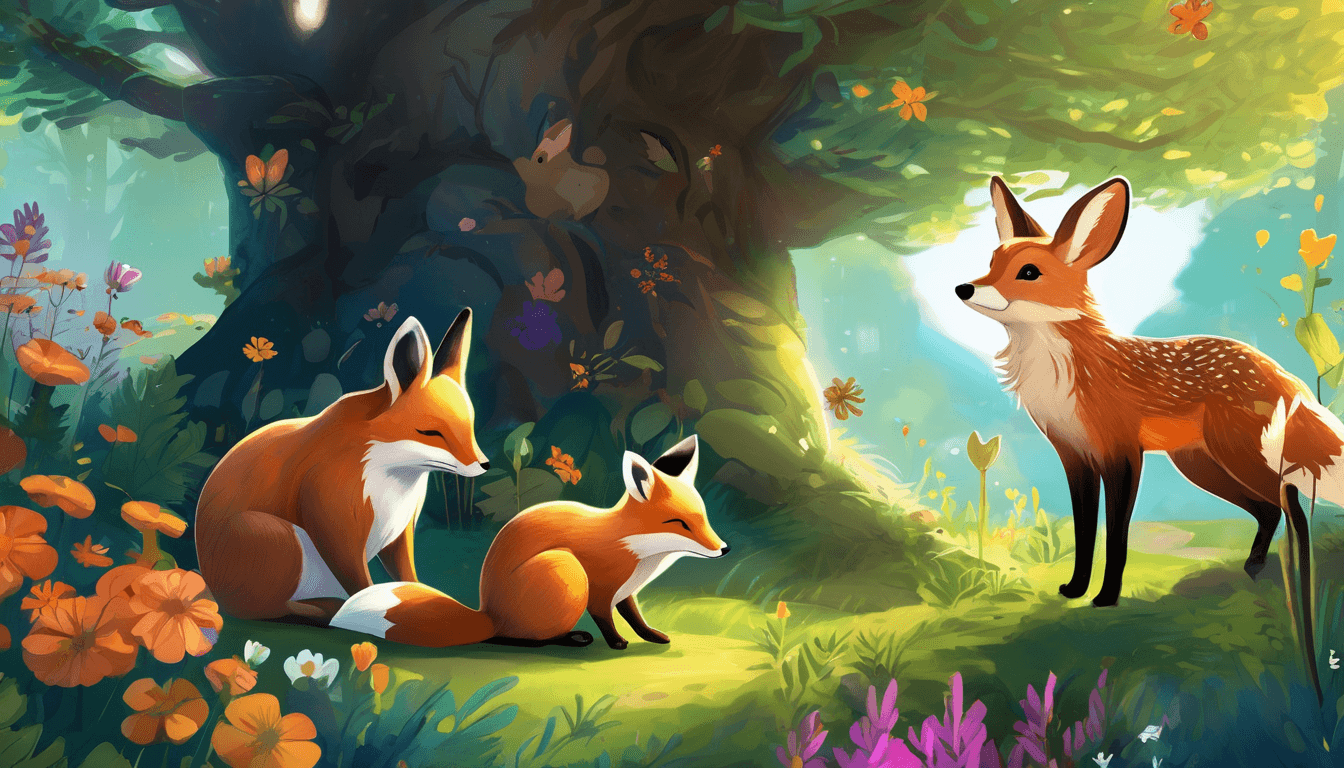 Woodland animals tending glowing wildflowers in a sunlit magical forest.