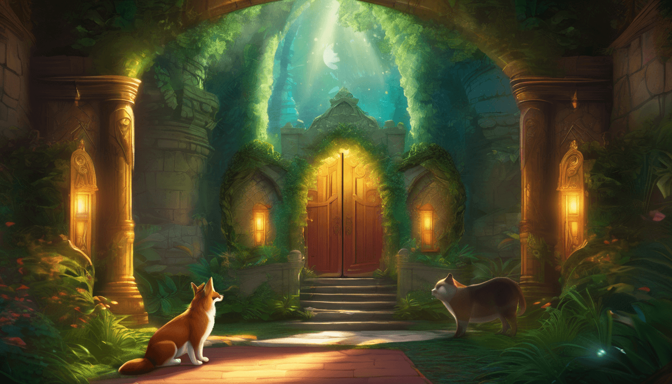 A glowing magical door in a castle opens to a lush forest with friendly animals.