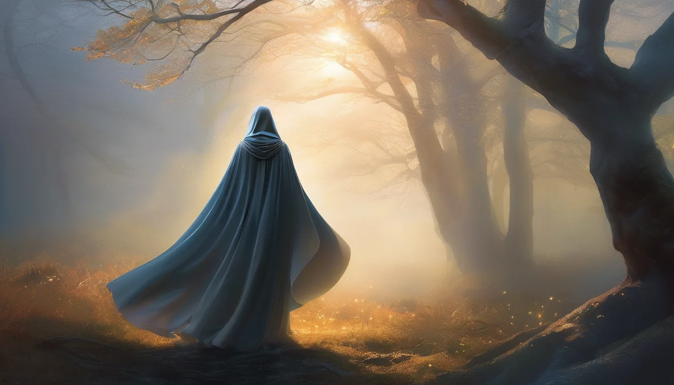 Figure in a glowing cloak at the edge of a misty, enchanted woodland with magical creatures.