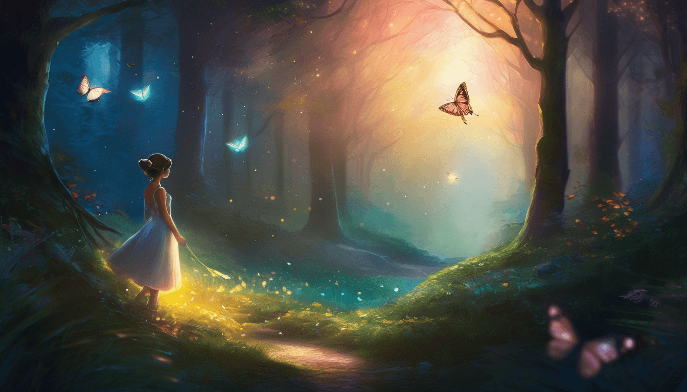 A glowing butterfly guides a princess through a moonlit forest with woodland animals and a friendly shadowy creature.