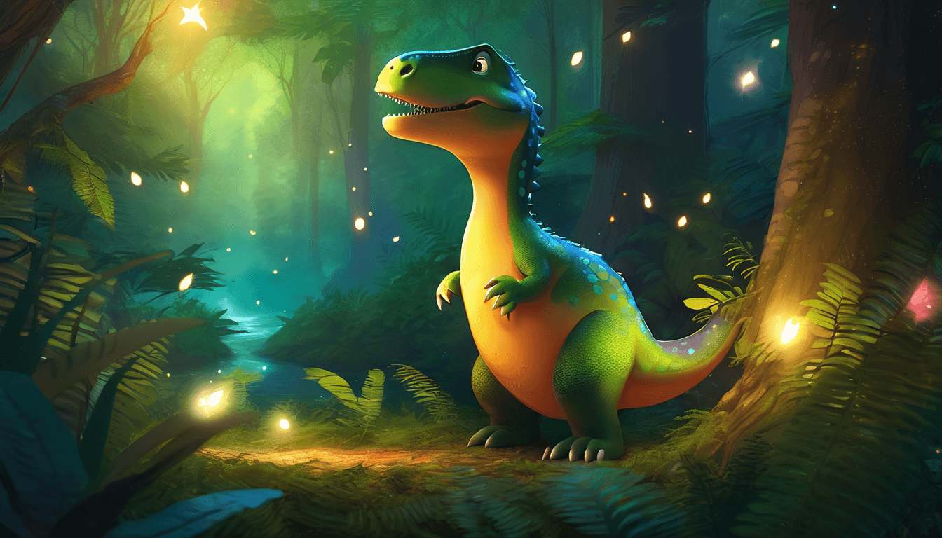 A dinosaur in a forest, reaching for a glowing star, with woodland animals and fireflies.