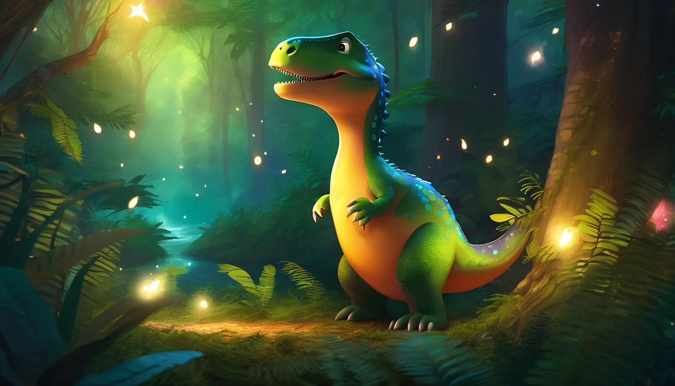 A dinosaur in a forest, reaching for a glowing star, with woodland animals and fireflies.