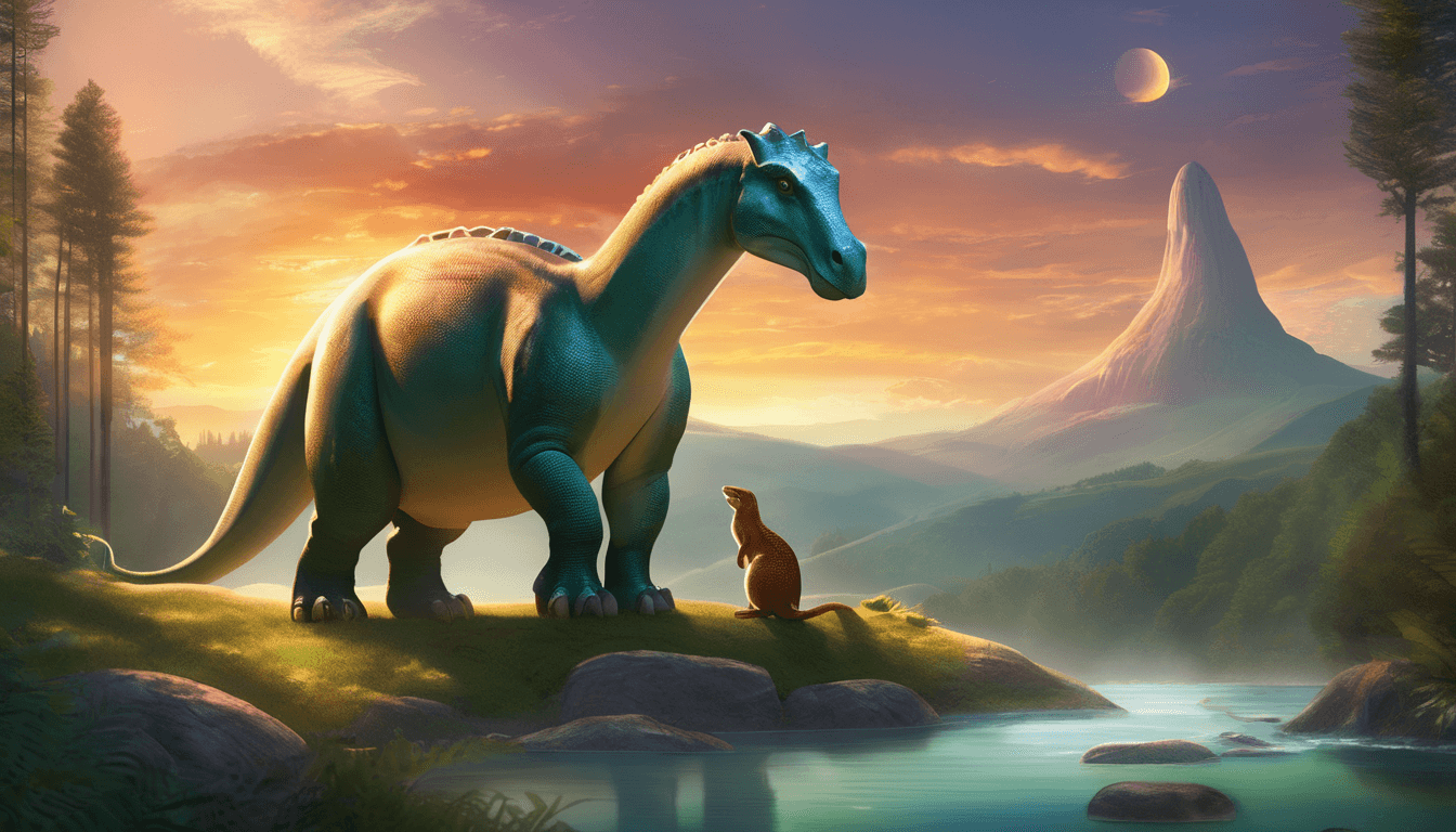 A large, friendly dinosaur stands beside a smaller creature by a serene river, surrounded by lush trees and a vibrant sunset sky with a crescent moon in the background.