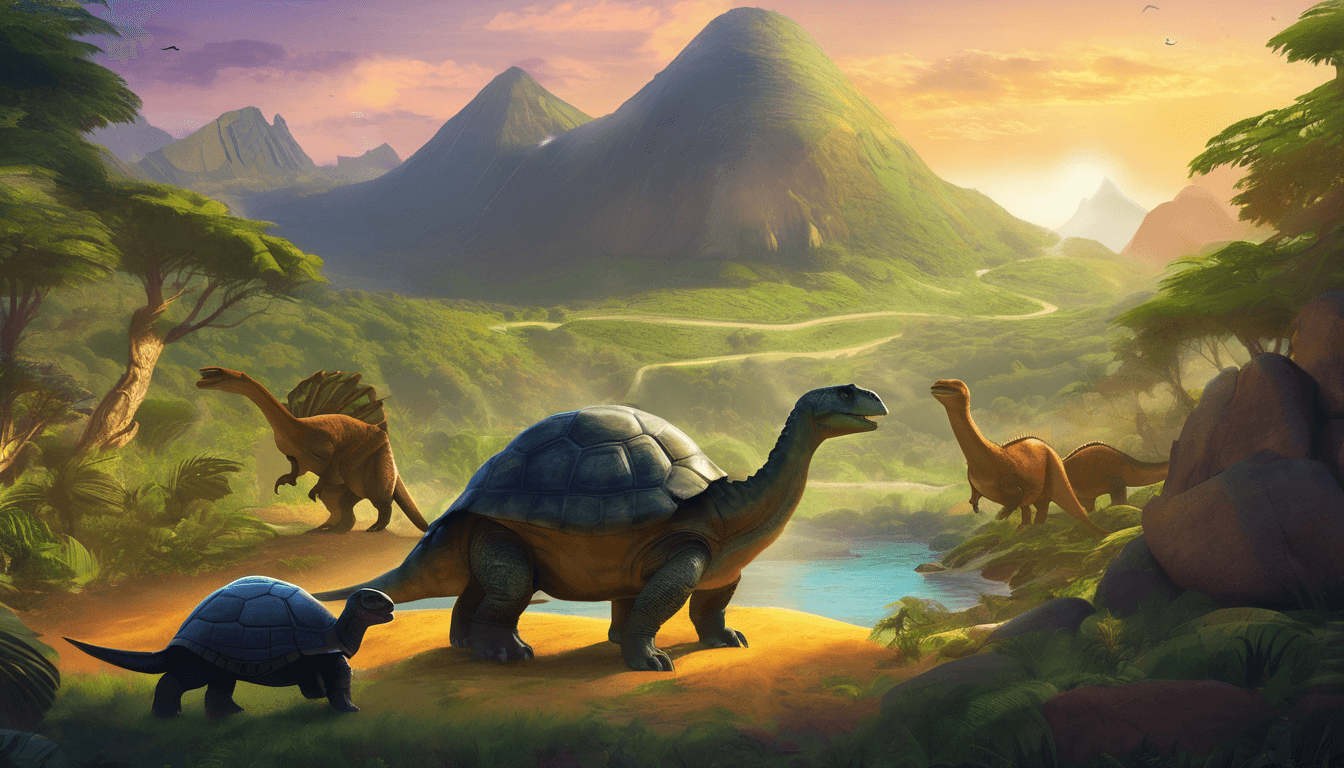 A serene prehistoric landscape featuring a large turtle and several dinosaurs near a tranquil lake, with lush greenery and distant mountains under a colorful sunset.