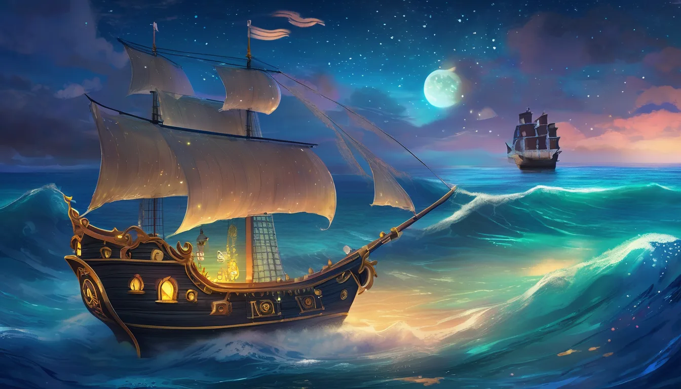 Whimsical pirate ship with sparkling sails, playful animals, and magical creatures under a starlit sky.