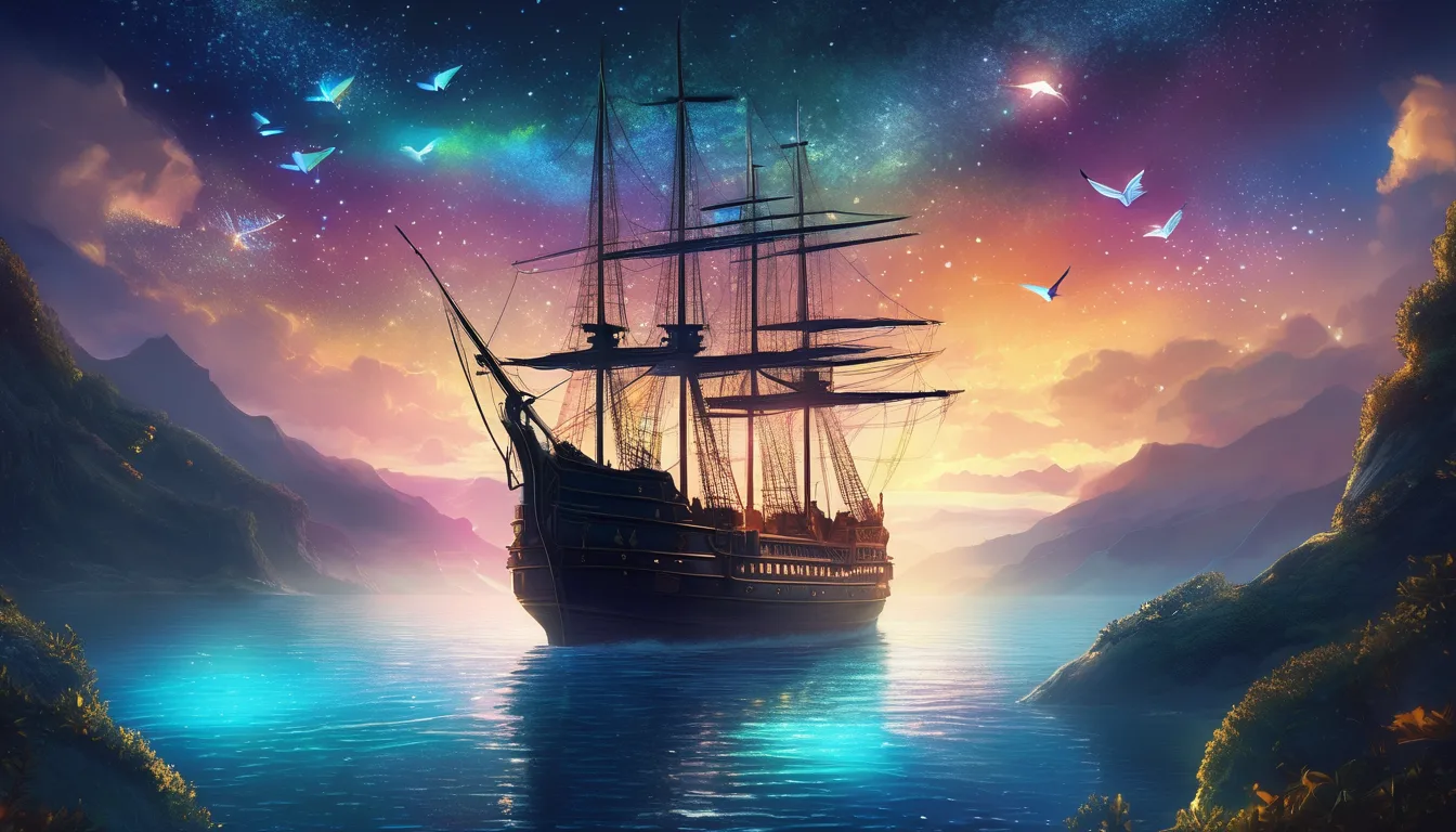 A majestic sailing ship on tranquil waters, surrounded by colorful skies and floating birds, set against a backdrop of mountains and stars.