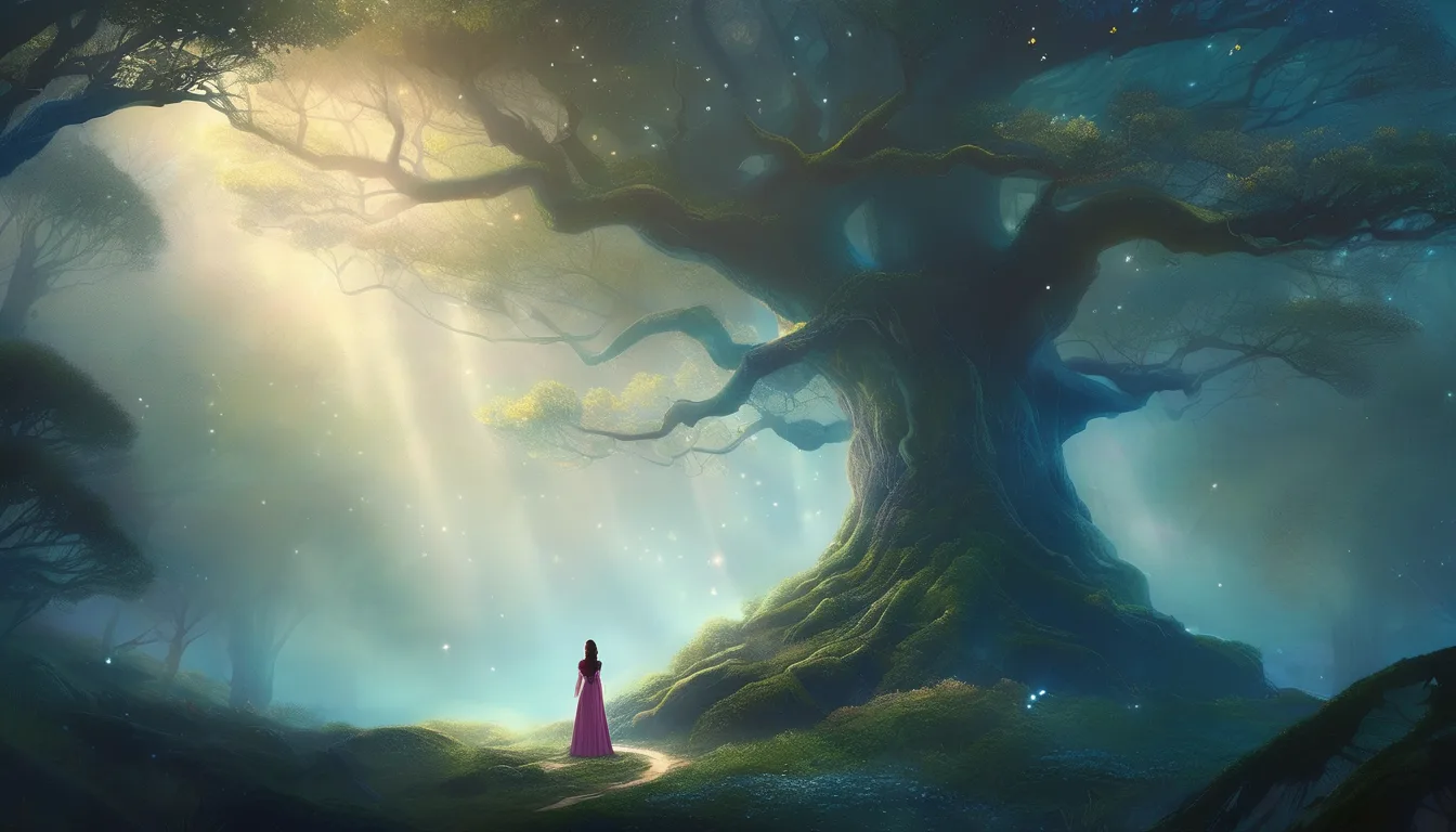 A mystical scene featuring a tall, ancient tree bathed in soft light, with a figure in a pink dress standing mesmerized before it, surrounded by an enchanting forest atmosphere.