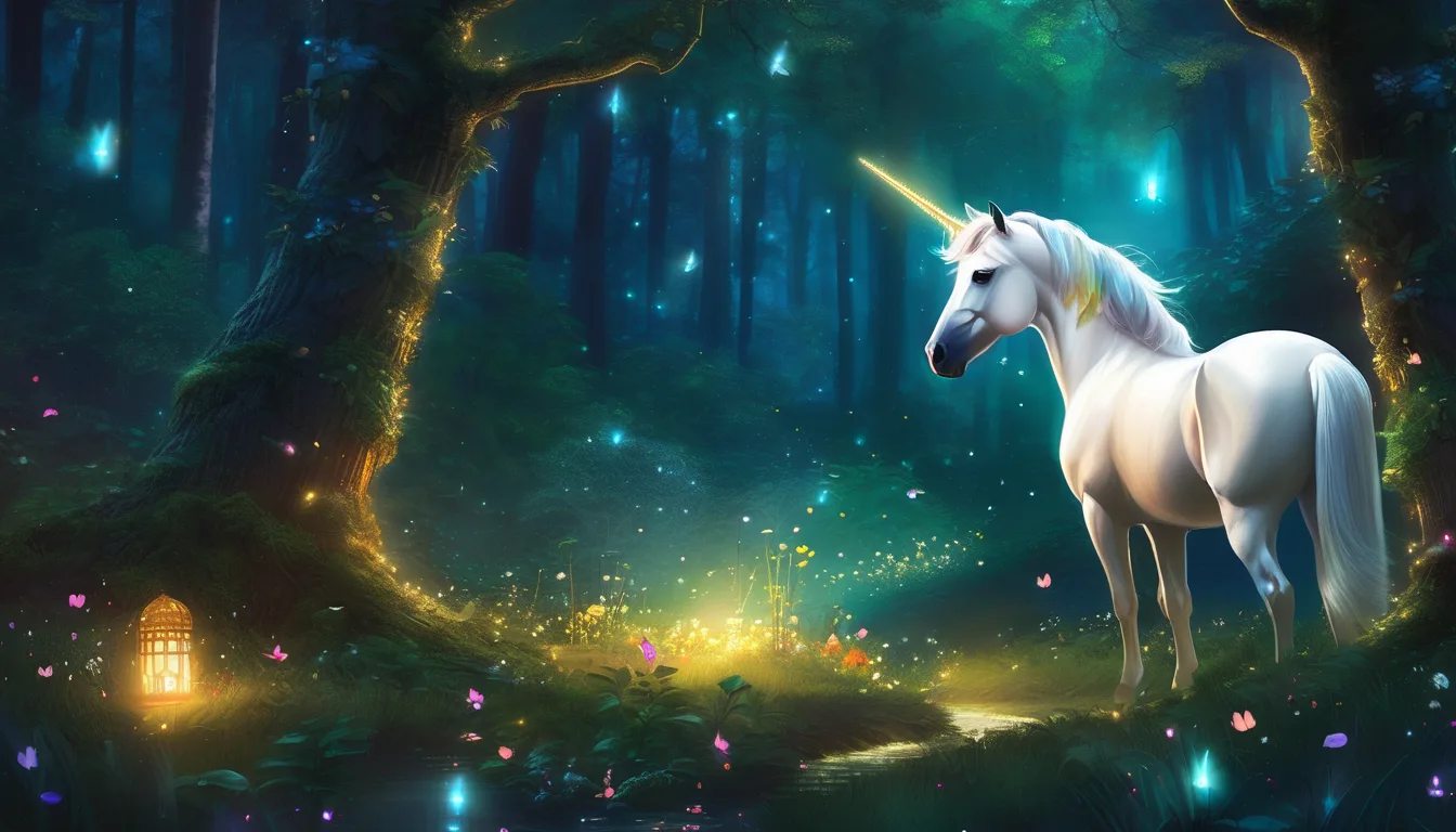 A glowing unicorn in a moonlit forest, surrounded by woodland creatures and fireflies.