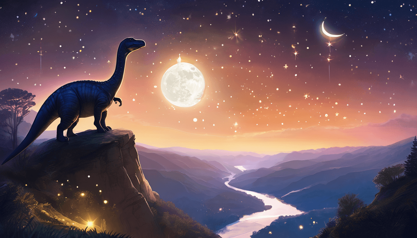 A dinosaur standing on a rocky cliff at sunset, gazing at a starry sky with a large moon and a crescent moon in view.