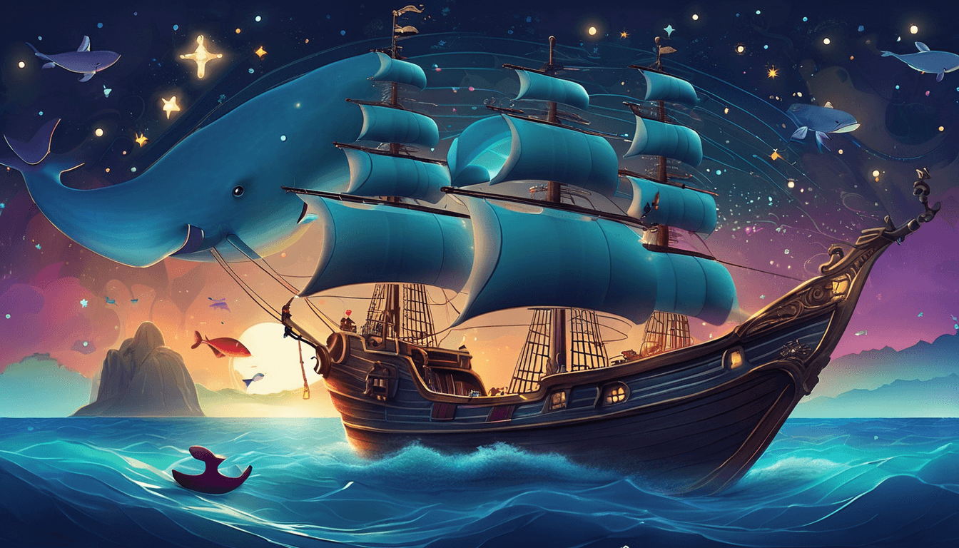 A pirate ship with animal crew sails under stars toward a whale-shaped island.