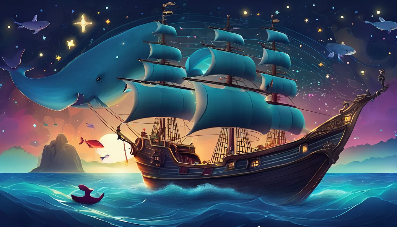 A pirate ship with animal crew sails under stars toward a whale-shaped island.