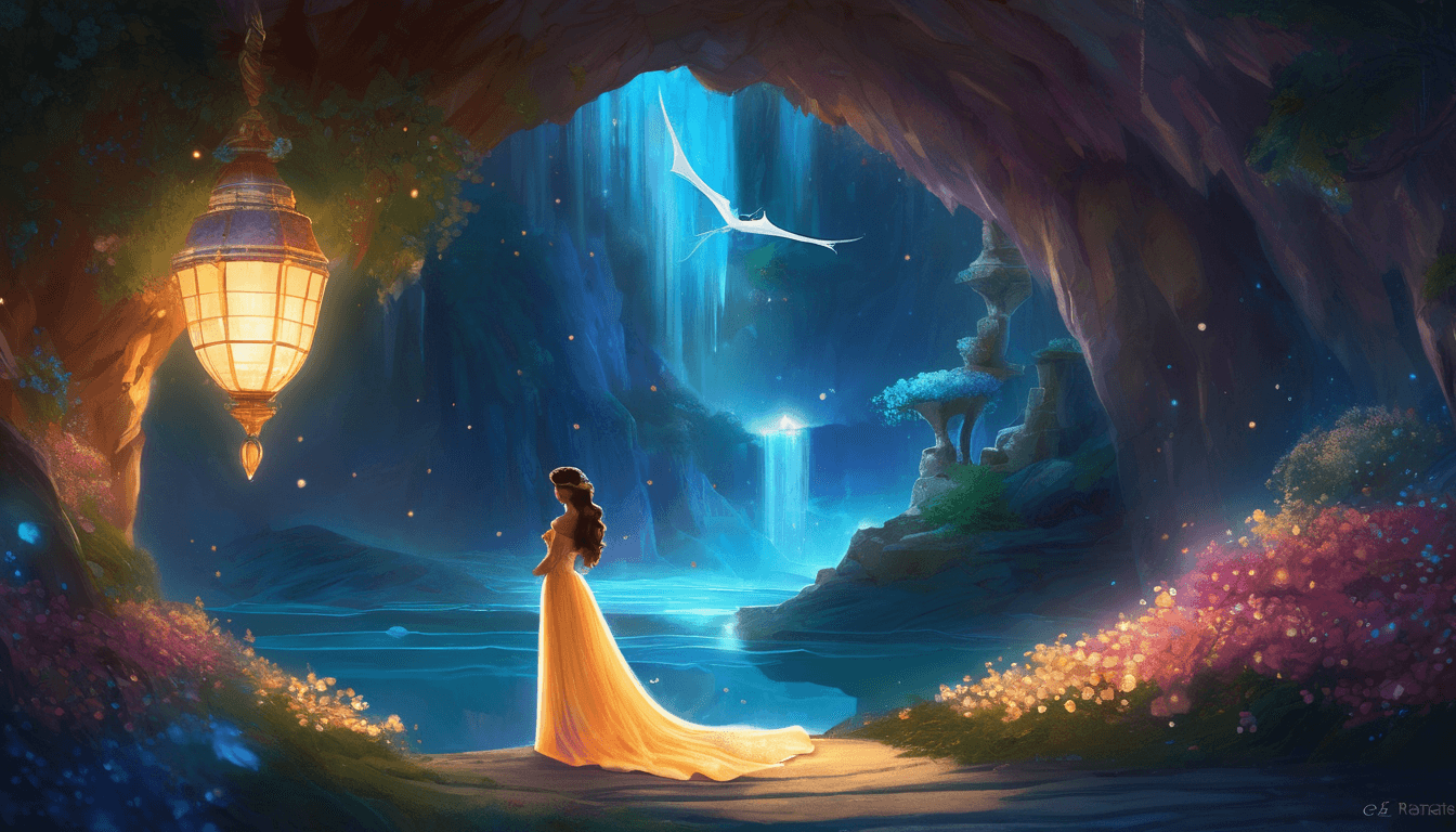 A gentle dragon and princess at a glowing crystal cave under a moonlit sky.
