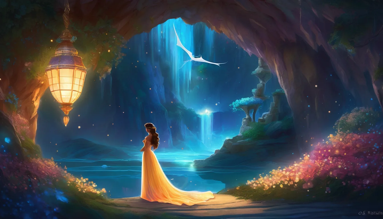 A gentle dragon and princess at a glowing crystal cave under a moonlit sky.