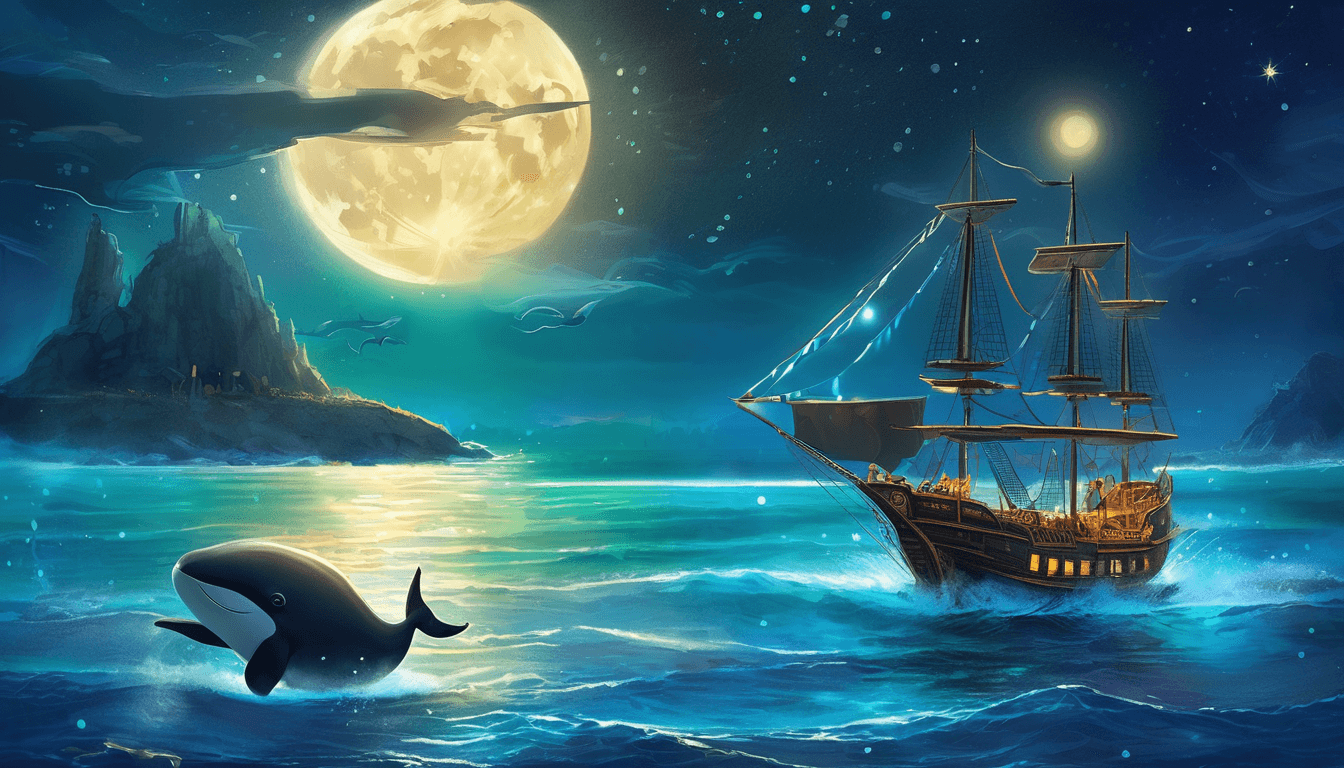A pirate ship sails at night with a friendly whale and floating musical notes.